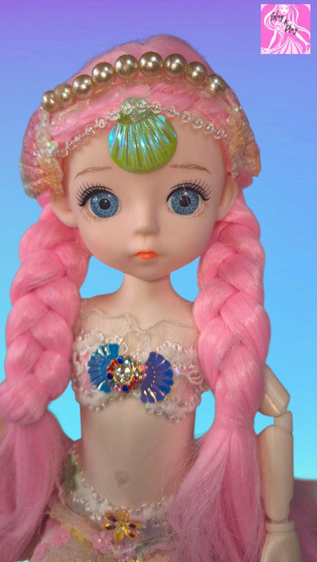 Stunning Pink Mermaid Doll - Iridescent Tail & Shell Crown Fantasy Collectible