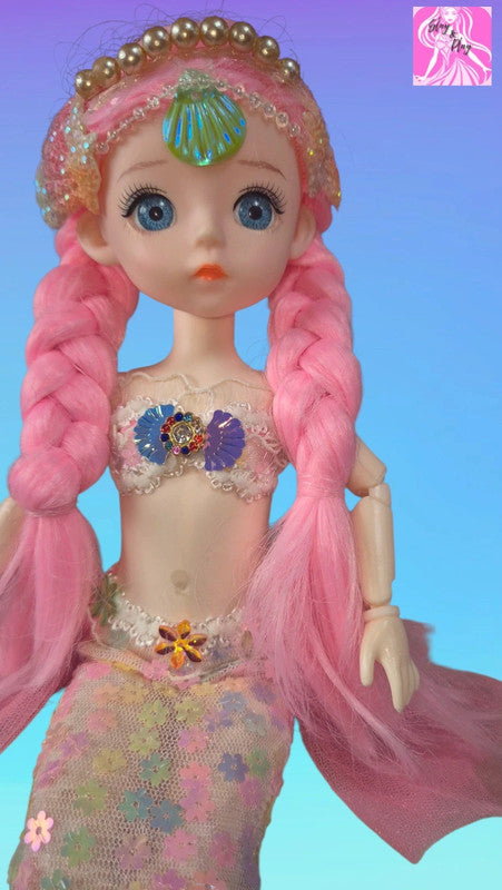 Stunning Pink Mermaid Doll - Iridescent Tail & Shell Crown Fantasy Collectible