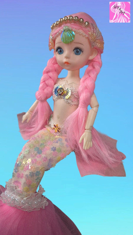 Stunning Pink Mermaid Doll - Iridescent Tail & Shell Crown Fantasy Collectible