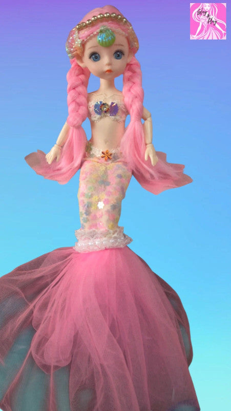 Stunning Pink Mermaid Doll - Iridescent Tail & Shell Crown Fantasy Collectible
