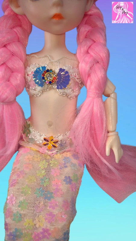 Stunning Pink Mermaid Doll - Iridescent Tail & Shell Crown Fantasy Collectible