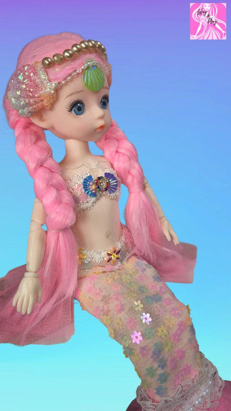 Stunning Pink Mermaid Doll - Iridescent Tail & Shell Crown Fantasy Collectible