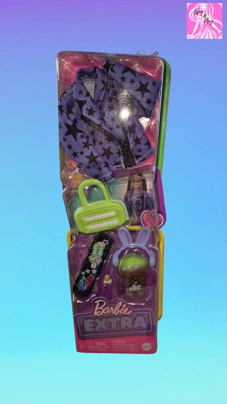 Barbie Extra Purple Outfit Black Stars Green Bag Skateboard Pet